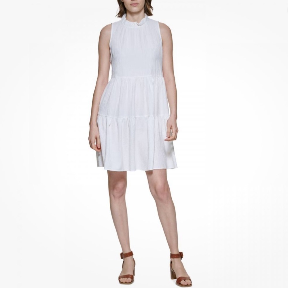 Calvin Klein White High Neck Ruffle Flounce Sleeveless Crinkle Dress Women’s 6